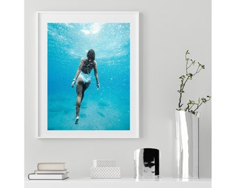 Swimming Woman Art Print: Blue Ocean Photography, Vintage Style