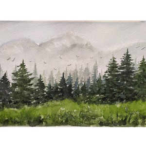 Dipinto originale sui Monti Appalachi, 6"-8", acquerello, paesaggio di foresta montana sempreverde, alberi di pino nebbiosi, arte murale