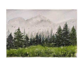 Appalachian Mountains Watercolor Painting: Misty Evergreen Forest Landscape 6 by 8"