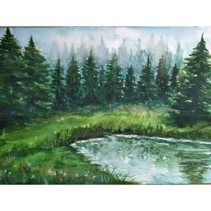 Dipinto di lago forestale del Pacifico nord-occidentale 8"-12" Pine Forest Acquerello originale Arte murale di foresta di montagna sempreverde Alberi di pino Opera d'arte