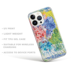 May include: A clear phone case with a colorful abstract painting of people and a tree. The case is designed to fit a phone with a triple camera lens.