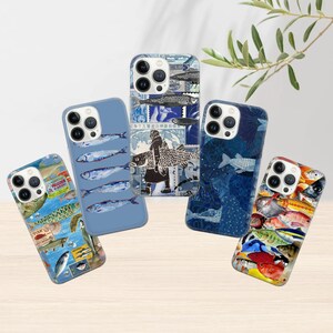 May include: Five different iPhone cases with various designs. The cases feature a blue and white color scheme with images of fish and other marine life. The cases are all made of a durable plastic material and are designed to protect your phone from scratches and drops.