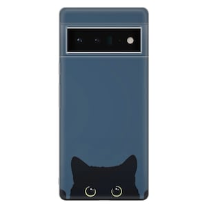 May include: A blue phone case with a black cat peeking out from the bottom. The cat has yellow eyes.