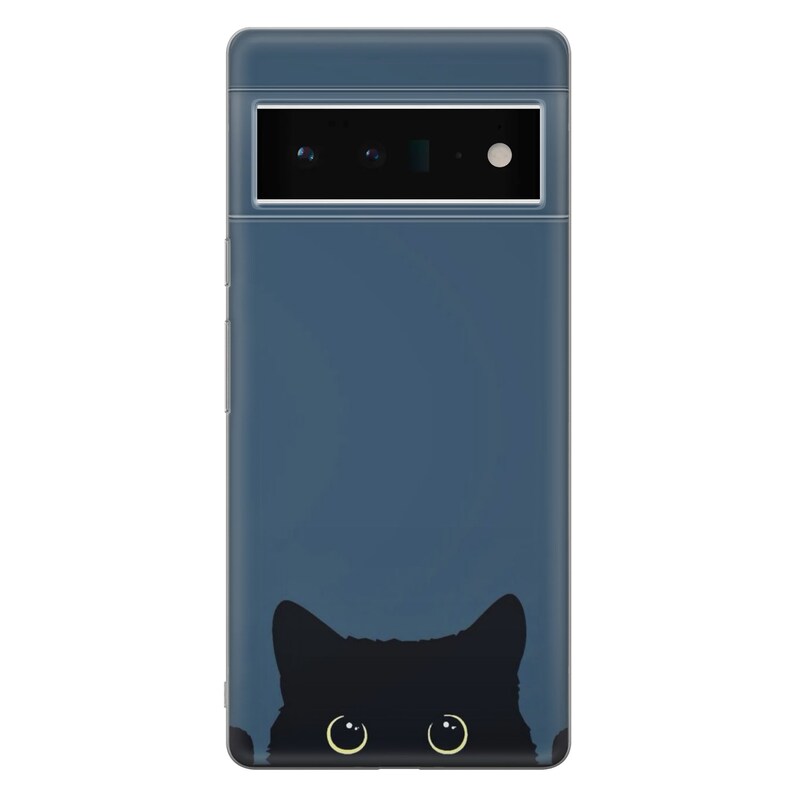 May include: A blue phone case with a black cat peeking out from the bottom. The cat has yellow eyes.