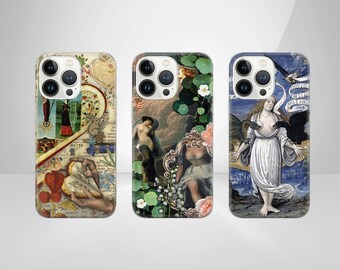 May include: Three iPhone cases with different designs. The first case features a vintage illustration of a heart, flowers, and a hand holding a scroll. The second case has a floral design with a woman in a white dress and a woman in a green dress. The third case has a blue and white design with a woman in a white dress and a black bird.