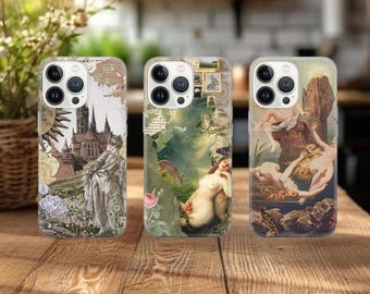 May include: Three phone cases with vintage-style art. The cases feature different designs: a castle scene, a collage with a nude figure and butterflies, and a classical painting with nude figures. The cases are on a wooden surface.