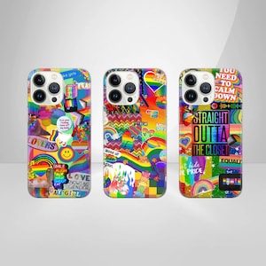 Könnte beinhalten: Drei iPhone-Hüllen mit einem Regenbogen-Pride-Thema. Jede Hülle zeigt eine Collage aus bunten Stickern, darunter Regenbögen, Herzen und Text wie "Straight Outta The Closet", "Love Knows No Gender" und "Don't Hide Your Pride".