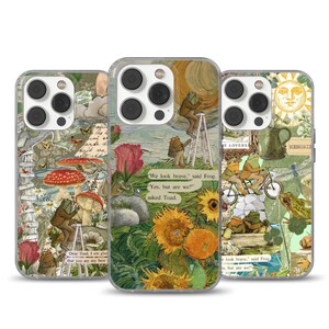 May include: Three phone cases with whimsical illustrations featuring frogs, mushrooms, sunflowers, and text. The cases have a collage-like design with a vintage aesthetic, incorporating various colors and textures.