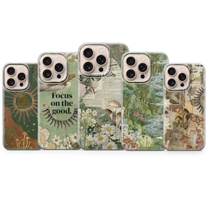 Vintage botanisch iPhone-hoesje, esthetische bloemen telefoonhoesje Cottagecore Nature-hoesje, groen aards esthetisch hoesje, schokbestendige paddenstoel, cadeau