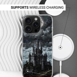 May include: Clear phone case featuring a gothic castle design under a cloudy sky. The case has a transparent border and the text "SUPPORTS WIRELESS CHARGING" and "SIDES ARE NOT PRINTED".