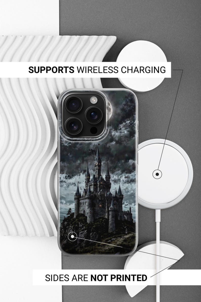 May include: Clear phone case featuring a gothic castle design under a cloudy sky. The case has a transparent border and the text "SUPPORTS WIRELESS CHARGING" and "SIDES ARE NOT PRINTED".
