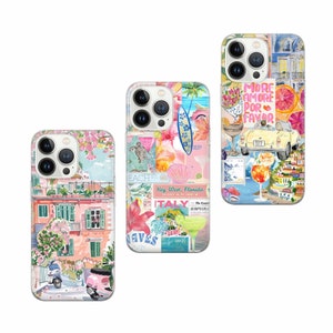 Coque de portable collage brillant d'été italien Coquette, coque de portable Italie côtière, iPhone 16 15 14 13 12 11 Pro Max 8 Plus X, Samsung Galaxy S24