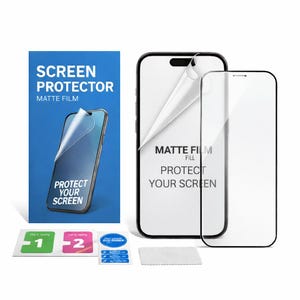 May include: A screen protector kit with a matte film. The kit includes a screen protector, a cleaning cloth, wet and dry wipes, and stickers. The packaging features the text "SCREEN PROTECTOR" and "PROTECT YOUR SCREEN".