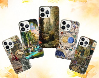 May include: Five different iPhone cases with various designs. The cases feature a variety of colors and patterns, including a forest scene, a celestial design, and a vintage illustration.