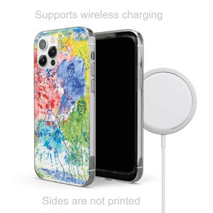 May include: A clear phone case with a colorful abstract painting of people and a butterfly. The case supports wireless charging. The text "Supports wireless charging" is printed above the case. The text "Sides are not printed" is printed below the case.