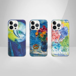 May include: Three iPhone cases with different abstract art designs. The first case features a blue and yellow painting of a person holding a bottle. The second case features a blue and green painting of a vase with flowers. The third case features a colorful painting of people and a tree.