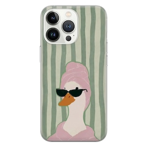 May include: A clear phone case featuring a cartoon illustration of a goose wearing sunglasses and a pink towel on its head. The background has vertical green and white stripes.