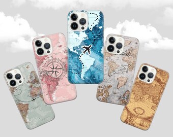 May include: Five different iPhone cases with a travel theme. The cases feature a world map with a compass, an airplane, and the word "travel".