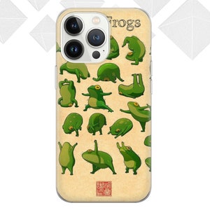 May include: A clear phone case with a white background and green frogs in various yoga poses. The text "Frogs" is printed in black at the top of the case.