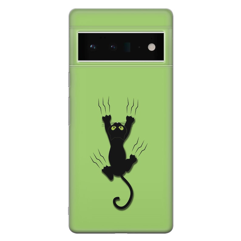 May include: A green phone case with a black cat silhouette scratching at the surface. The cat has green eyes and is hanging upside down.