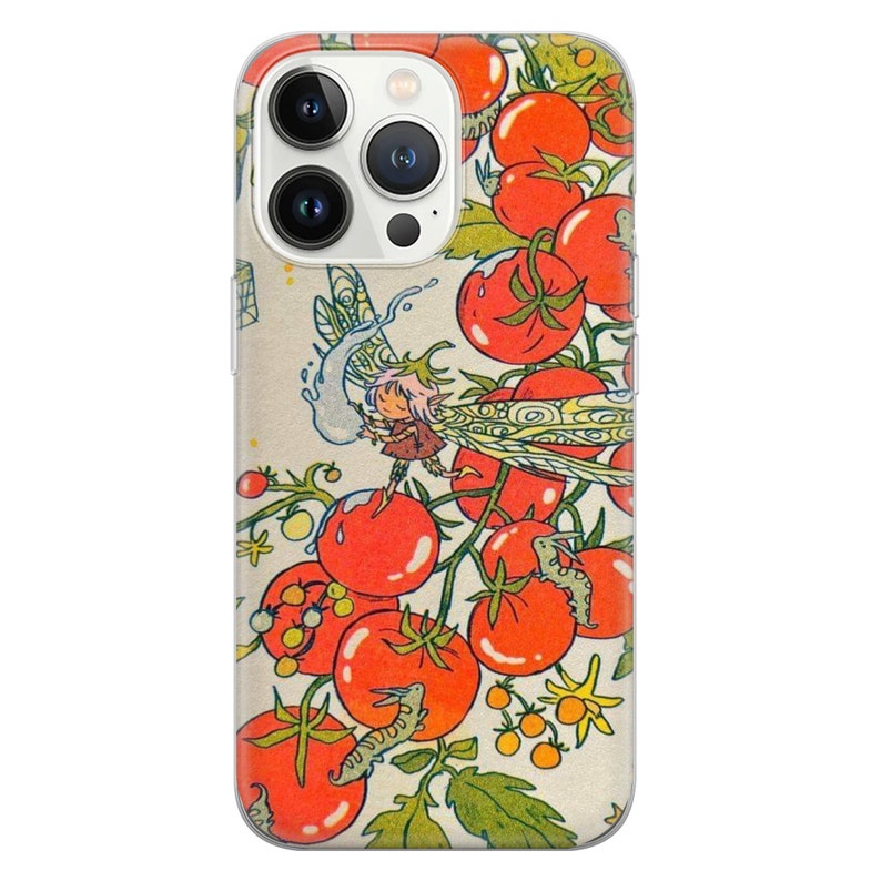 May include: A phone case with a whimsical illustration of a fairy with wings, surrounded by red tomatoes and green leaves. The case has a white background and a clear protective layer.