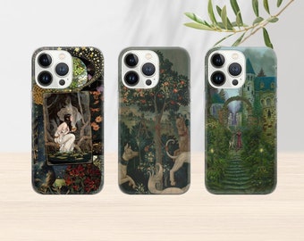 May include: Three iPhone cases with different designs. The first case features a collage of a woman in a forest, stars, and a moon. The second case features a unicorn in a forest with a tree and fruit. The third case features a castle with a winding path and a unicorn.