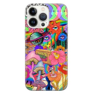 May include: A colorful phone case with a psychedelic design featuring mushrooms, flowers, eyes, and a rainbow. The case has the words "Turn on, Tune in, Out!" and "Moods" printed on it.