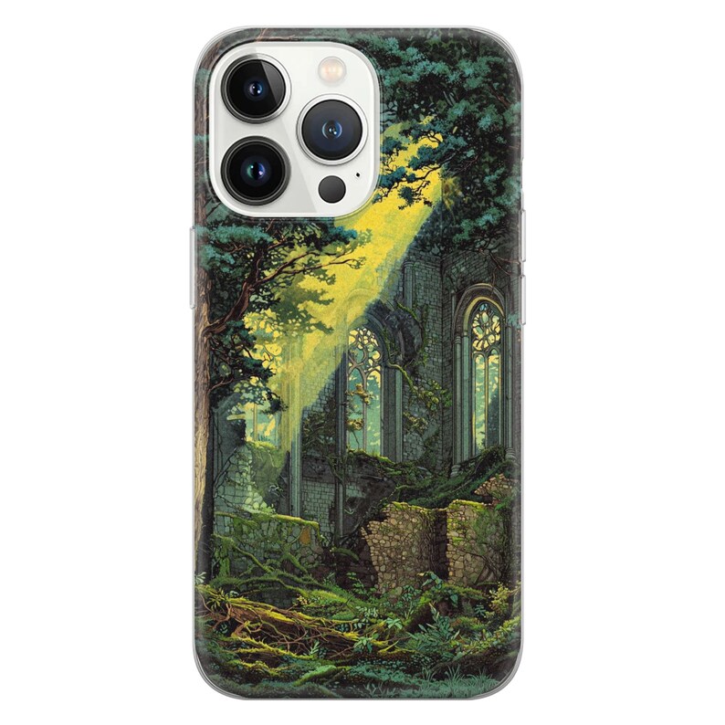 May include: A phone case with a design of a stone building overgrown with green vines and trees. The building has large arched windows and a yellow light shining through the trees.