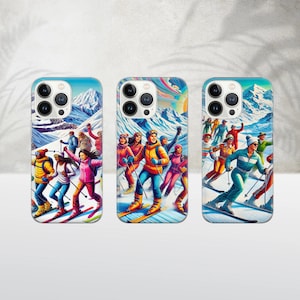 May include: Three phone cases with colorful illustrations of skiers on a snowy mountain slope. Each case features a different group of skiers in vibrant ski attire, set against a backdrop of snow-capped mountains and a bright blue sky.