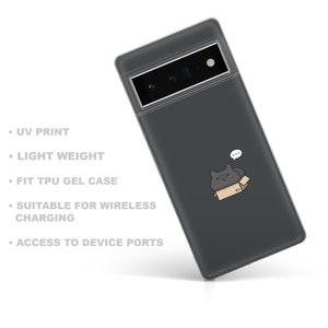 May include: A black phone case with a cartoon cat in a box design. The case is made of TPU gel and is compatible with wireless charging. It has access to all device ports.