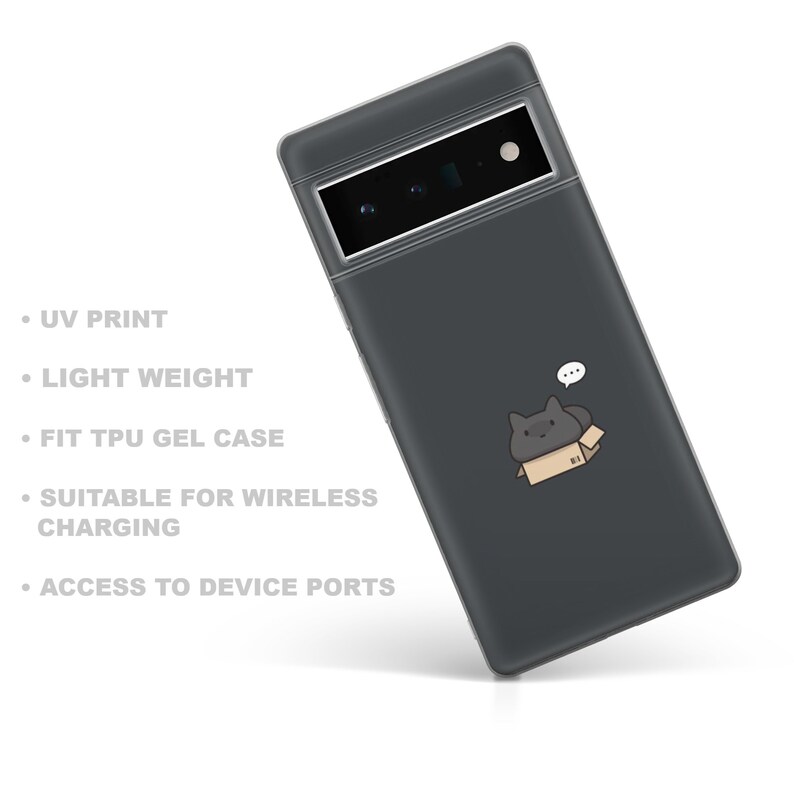 May include: A black phone case with a cartoon cat in a box design. The case is made of TPU gel and is compatible with wireless charging. It has access to all device ports.