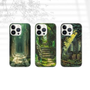 May include: Three phone cases with different nature-inspired designs. The first case features a pathway lined with stone pillars and lush greenery. The second case shows a stone staircase leading up through a forest with green foliage and glowing crystals. The third case depicts a stone building overgrown with vines and trees, with a beam of light shining through the window.