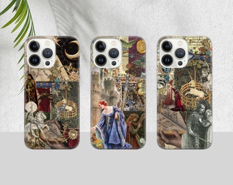 May include: Three iPhone cases with a medieval tapestry design. The cases feature a variety of images, including a unicorn, a castle, and a woman in a blue dress. The cases are all black and have a clear back.