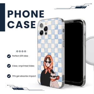 May include: Clear phone case with a blue and white checkered pattern. The case features an illustration of a woman wearing sunglasses and a scarf, along with a cat also wearing sunglasses. The text "PHONE CASE" is at the top.