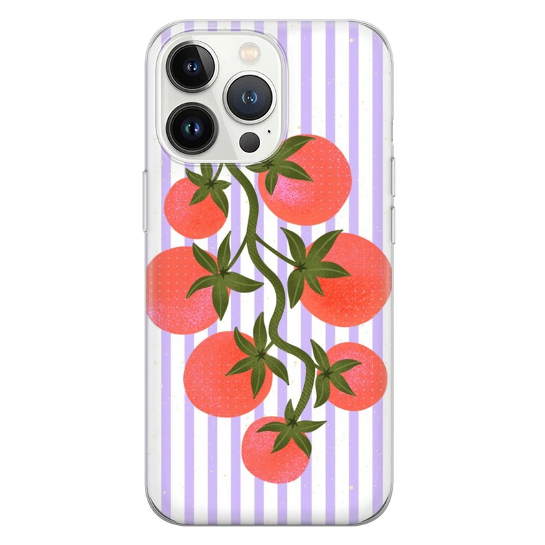May include: A clear phone case with a white and purple striped background. A vine of red tomatoes with green leaves is printed on the case.