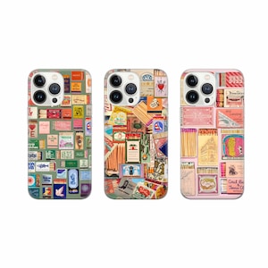 Custodia per telefono con collage di scatole di fiammiferi vintage, cover con fiammiferi vintage, ciondolo vintage, per iPhone 16, 15, 14 Pro Max, 8 Plus X, Samsung Galaxy S24 Ultra