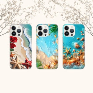 May include: Three phone cases with different beach-themed designs. The first case features a red rose, a starfish, and a wave. The second case features a starfish, seashells, and a palm leaf. The third case features a starfish, seashells, and a wave.