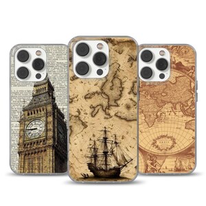May include: Three phone cases with vintage designs. One case features Big Ben, another a map with a sailing ship, and the third a world map. The cases have a clear border and a brown and beige color scheme.