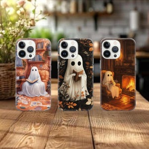 Gemütliche Geist Handyhülle Netter Halloween Bezug für iPhone 16e, 15, 14, 13, 12, 11, Google Pixel 9 Pro, 8, 7A, Samsung S25 edge, S24 FE, A71, A3