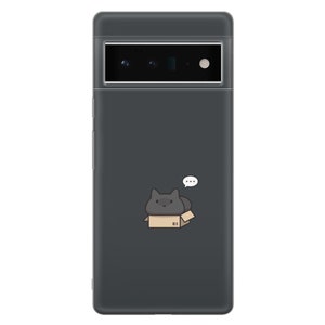 May include: A black phone case with a cartoon illustration of a black cat sitting in a cardboard box. The cat is looking to the right and has a thought bubble above its head.