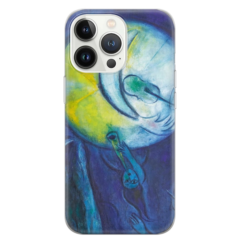 May include: A phone case featuring a painting of a person playing a musical instrument in front of a large blue and yellow moon. The painting is in a style reminiscent of Marc Chagall.