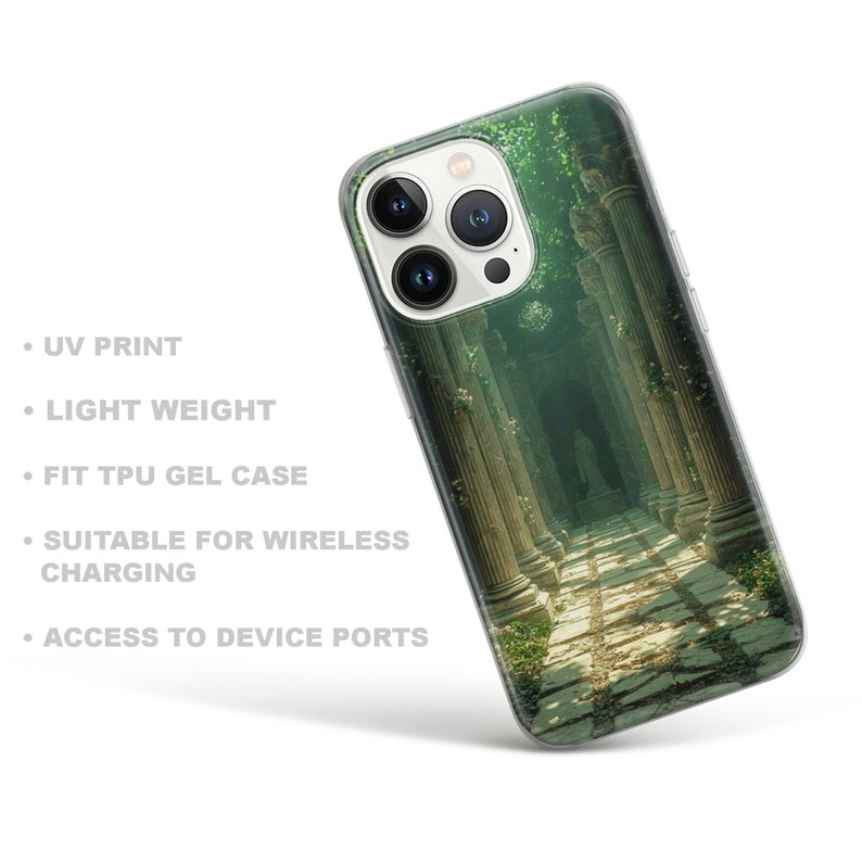 May include: A clear phone case with a green and brown image of a stone pathway leading to a dark, overgrown archway. The image is printed on the back of the case.