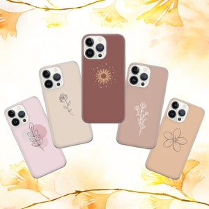 Custodia per telefono beige minimalista con fiori per iPhone 16 Pro Max, 15 Plus, 14, 13, 12, 11, XS e Samsung S24, S23, A55, A54, Pixel 9 Pro, 8