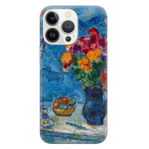 May include: A painting of a blue vase filled with colorful flowers, a bowl of fruit, and a glass on a white table. The background is a blue wall with a white outline of a bird.