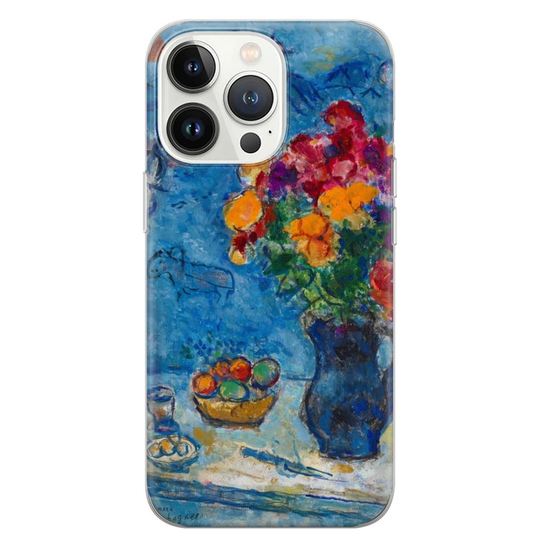 May include: A painting of a blue vase filled with colorful flowers, a bowl of fruit, and a glass on a white table. The background is a blue wall with a white outline of a bird.