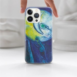 May include: A clear phone case with a colorful abstract painting of a person playing a musical instrument. The painting is in shades of blue, green, yellow, and white.
