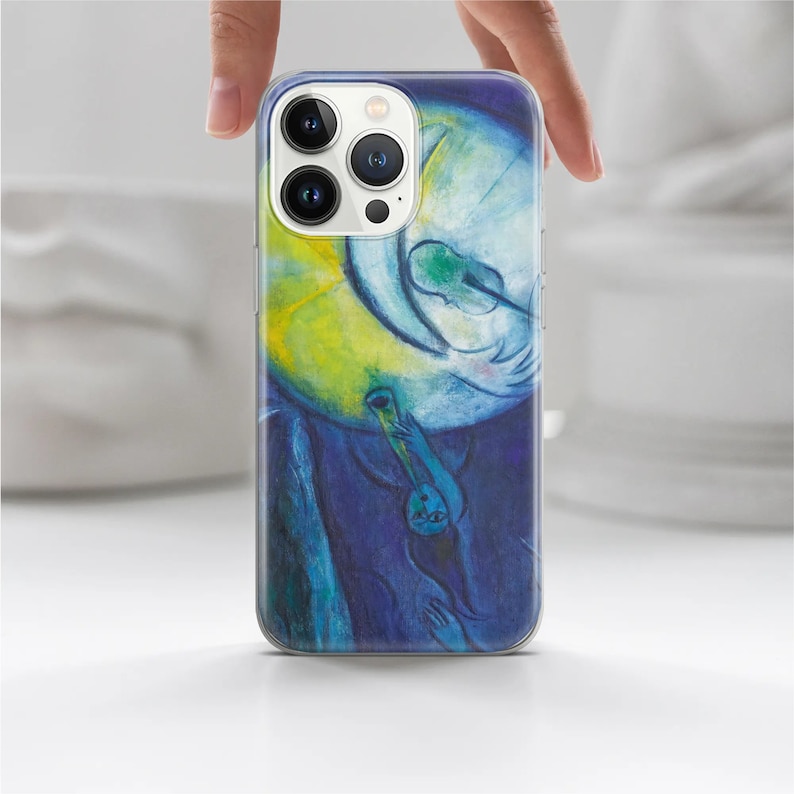 May include: A clear phone case with a colorful abstract painting of a person playing a musical instrument. The painting is in shades of blue, green, yellow, and white.