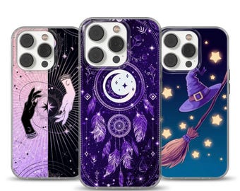 May include: Three phone cases with mystical designs. One case features a black and white hand design on a pink and black background. Another has a purple dreamcatcher design. The third case has a witch hat and broom design with stars.