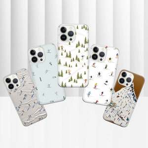 Könnte beinhalten: Fünf verschiedene iPhone-Hüllen mit Wintersport-Motiven. Die Hüllen zeigen Skifahrer, Snowboarder und Berge in verschiedenen Farben und Mustern.