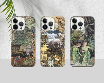 May include: Three iPhone cases with different designs. The first case features a forest scene with a unicorn and a castle. The second case features a forest scene with a unicorn and a castle. The third case features a forest scene with two women in green dresses.